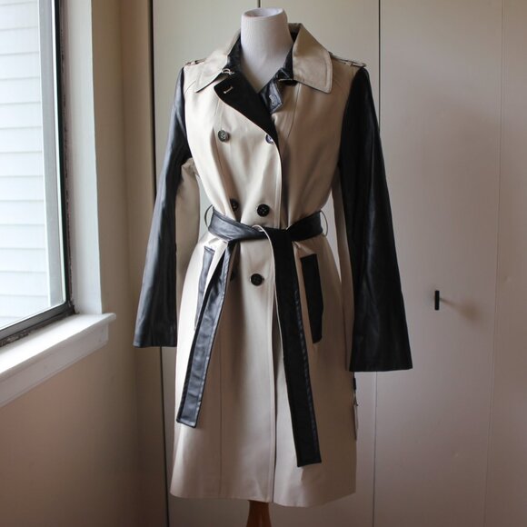 NWT Calvin Klein Trench Coat with Vegan Leather Contrast – Size L, Belted - Picture 1 of 16
